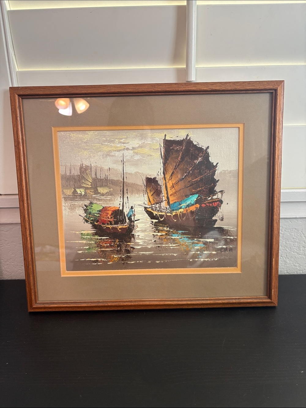 Vintage Chinese Junkboat Oil Painting Wood Frame